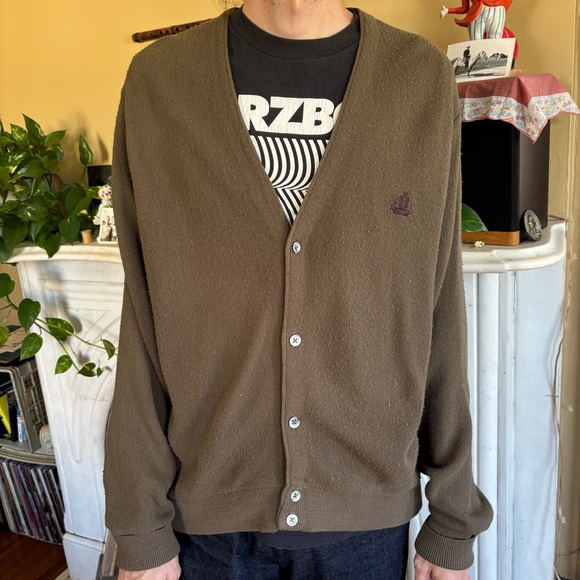 Vintage 80s Izod Olive Green Knit Cardigan Sweater ~ Size Medium - Picture 1 of 9
